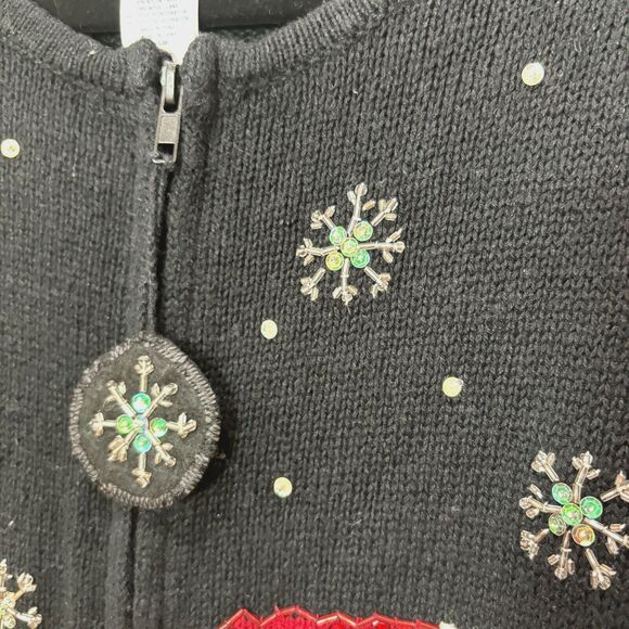 VTG Ugly Black Christmas Sweater Cardigan L Santa 3D Beads Snowflake Tacky - Picture 6 of 11